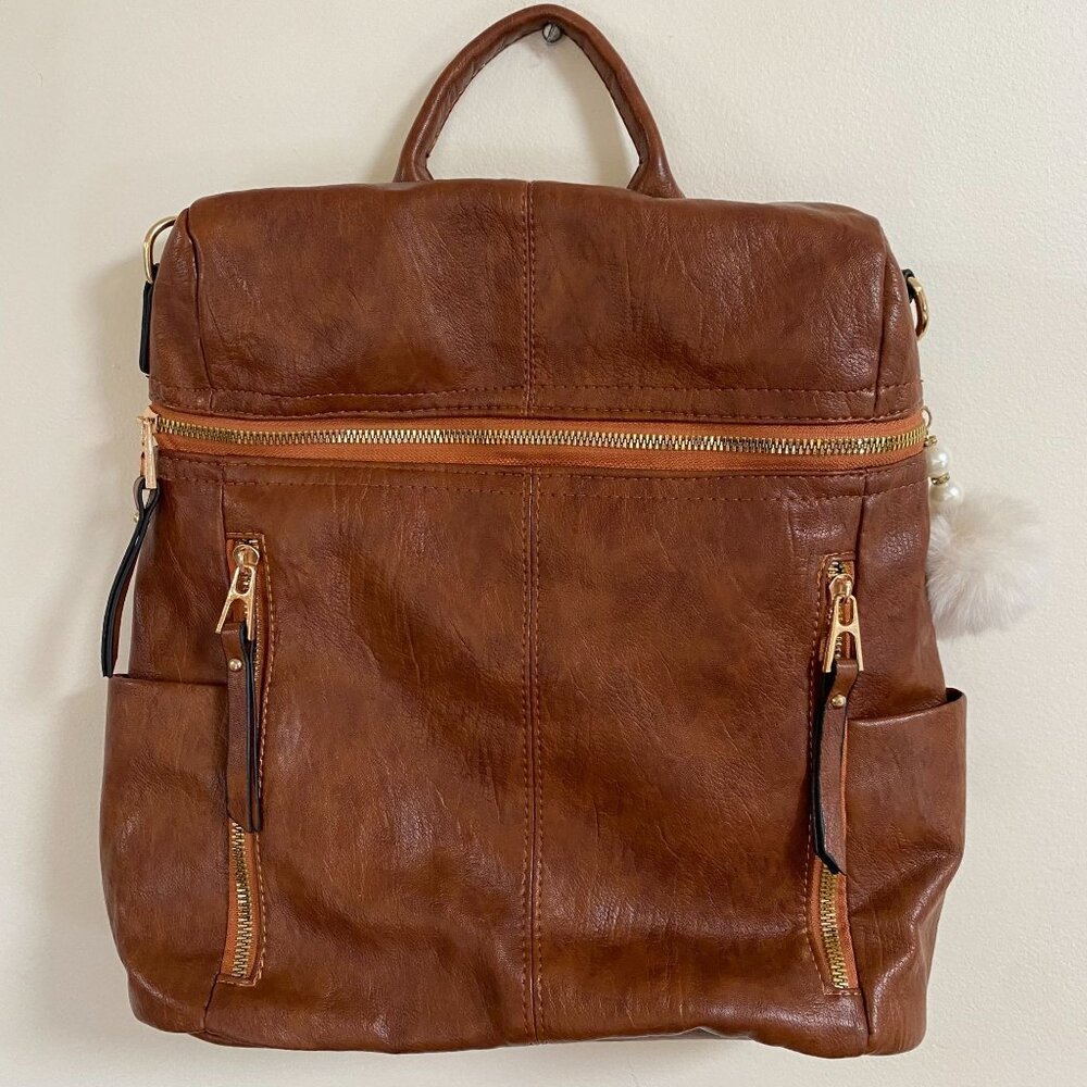 Brown Faux Leather Backpack With Gold Accents Multiple Zipper Pockets Adjustable